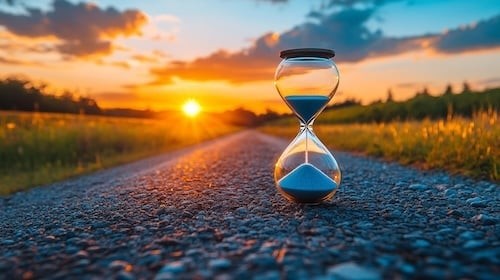 An elegant hourglass rests on a smooth surface, its sand halfway through, symbolizing the relentless passage of time.