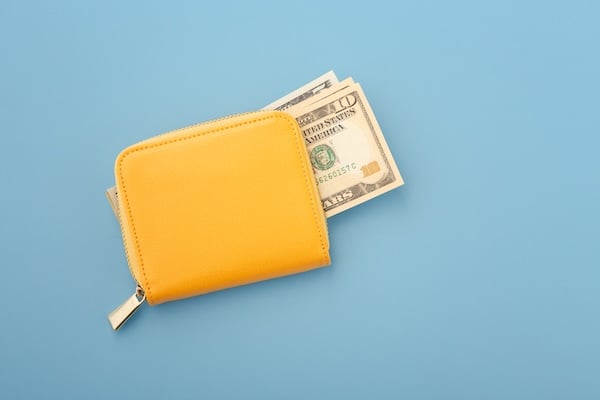 Money in yellow wallet on blue background