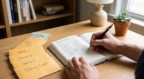 Personal finance budgeting system showing monthly budget overview notebook handwritten expenses cash envelopes labeled weeks savings funds wooden desk lifestyle concept stock photography for buyers