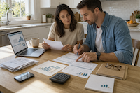 Collaborating on finances in bright kitchen