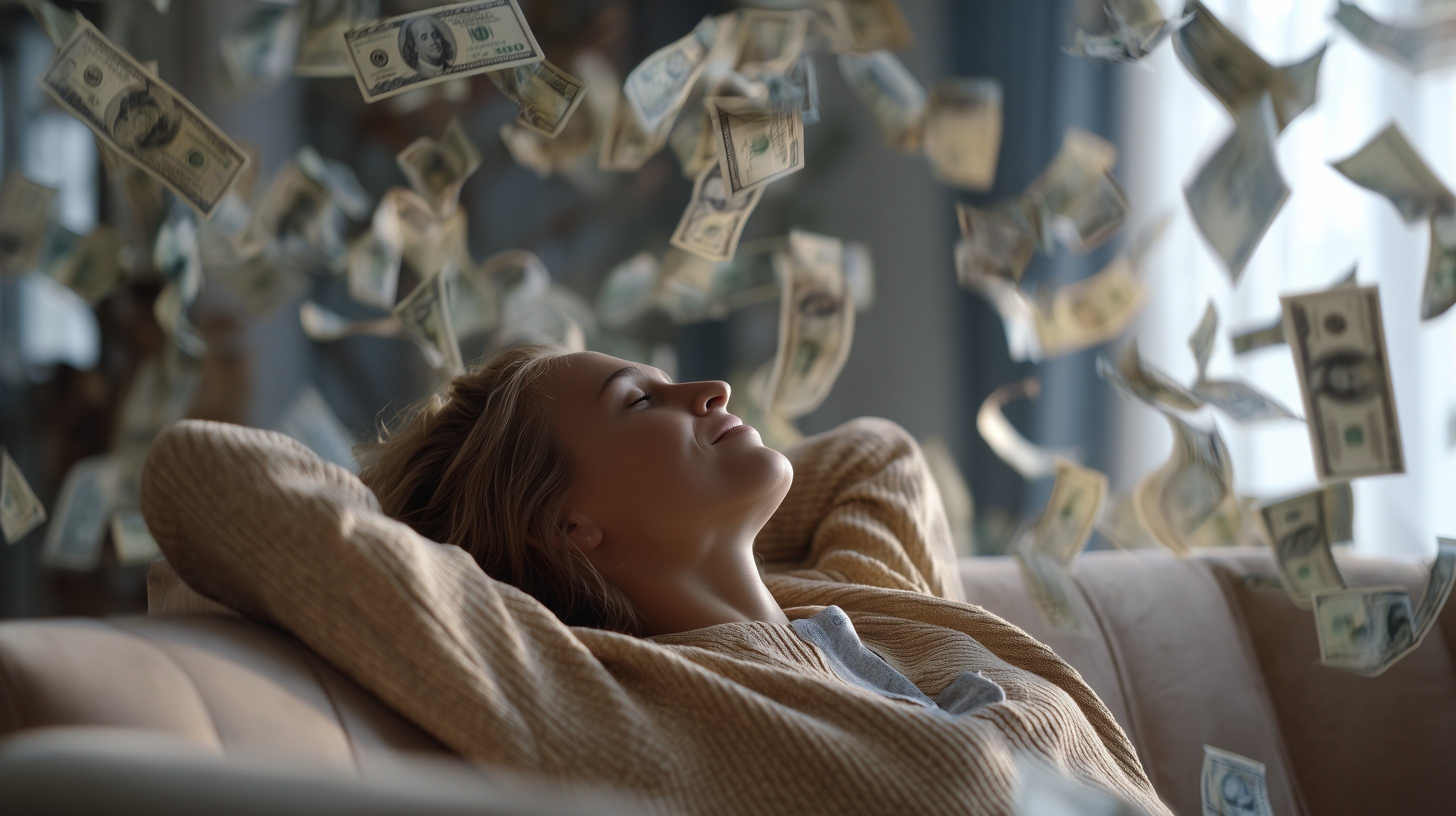 The money and sofa are central as the money and sofa frame the relaxed setting. The money and sofa create a casual yet chaotic indoor moment with scattered cash.