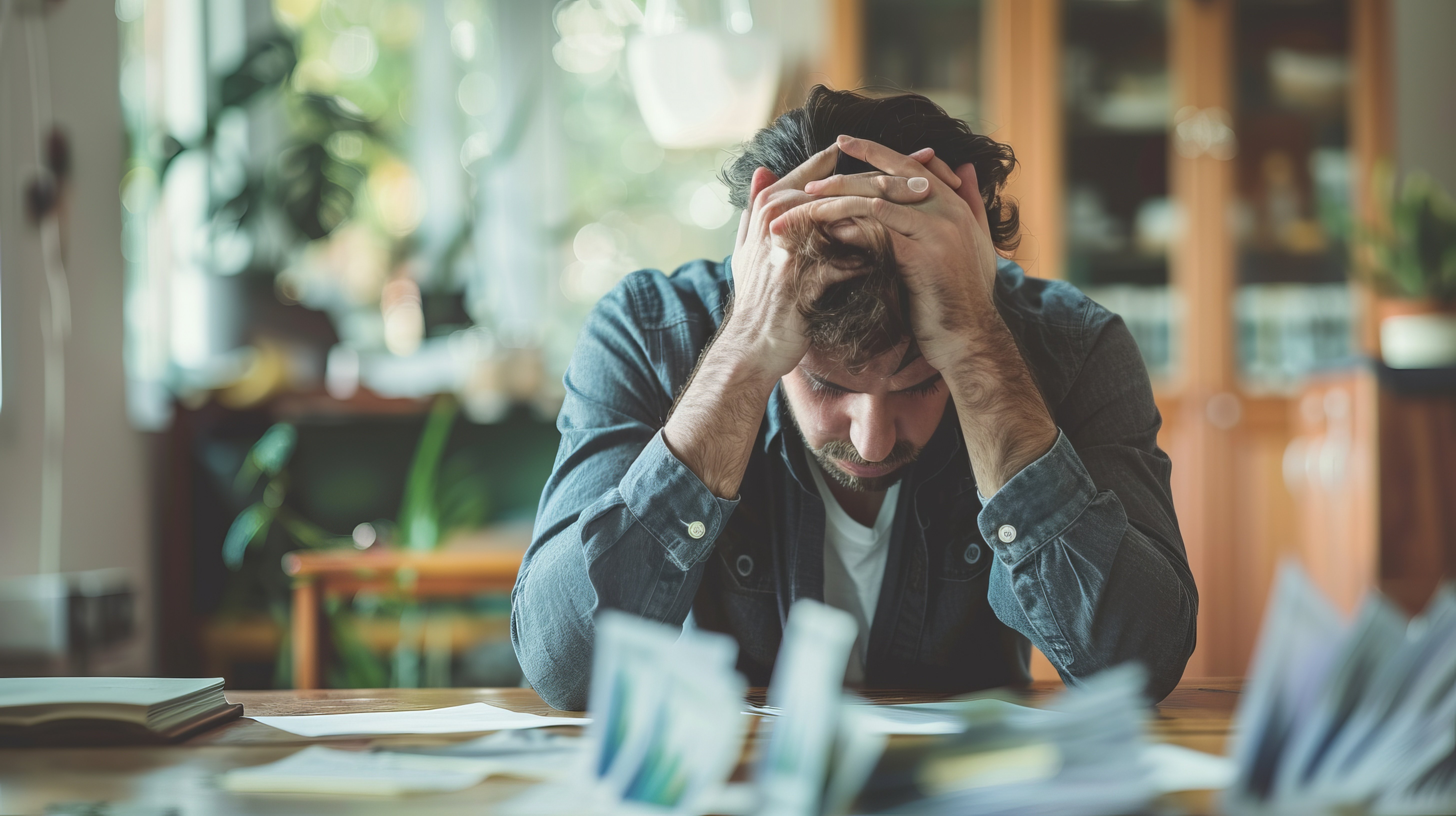 A person sits at a table strewn with paperwork, holding their head in their hands, capturing a moment of stress, frustration, and overwhelm in a home setting