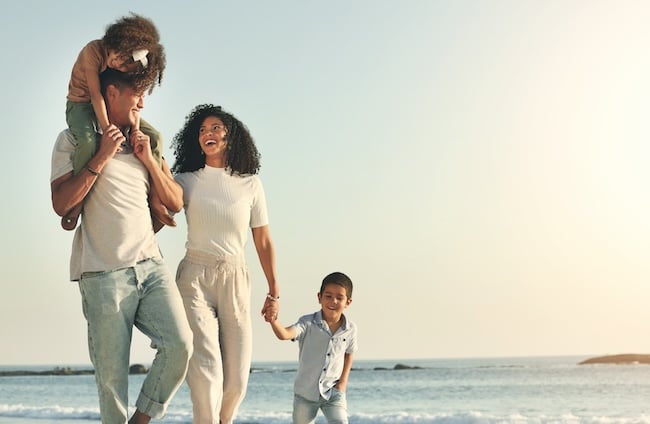 Happy, summer and walking family on the beach for travel, bonding and quality time in Brazil. Mockup, together and parents with children on a walk by the ocean for playing, vacation and break Adobe stock photo
