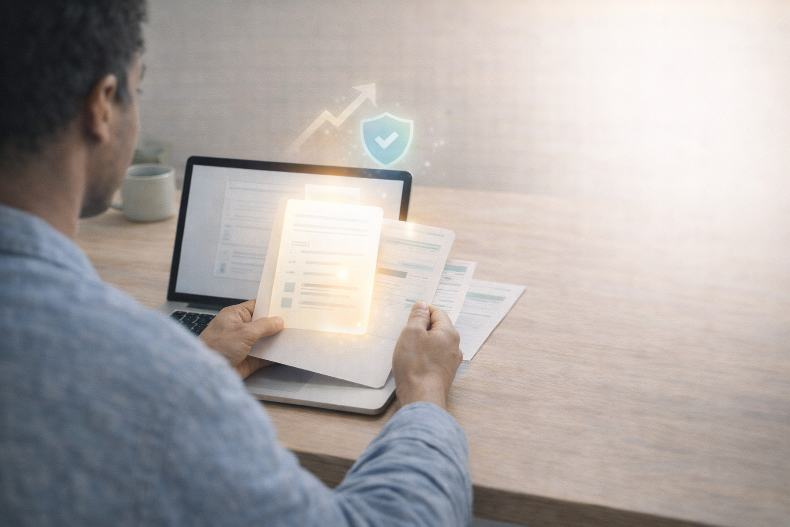 Adult reviewing financial paperwork on a laptop at a kitchen table, with a highlighted document and subtle approval icons suggesting qualification and progress in a clean, modern setting.
