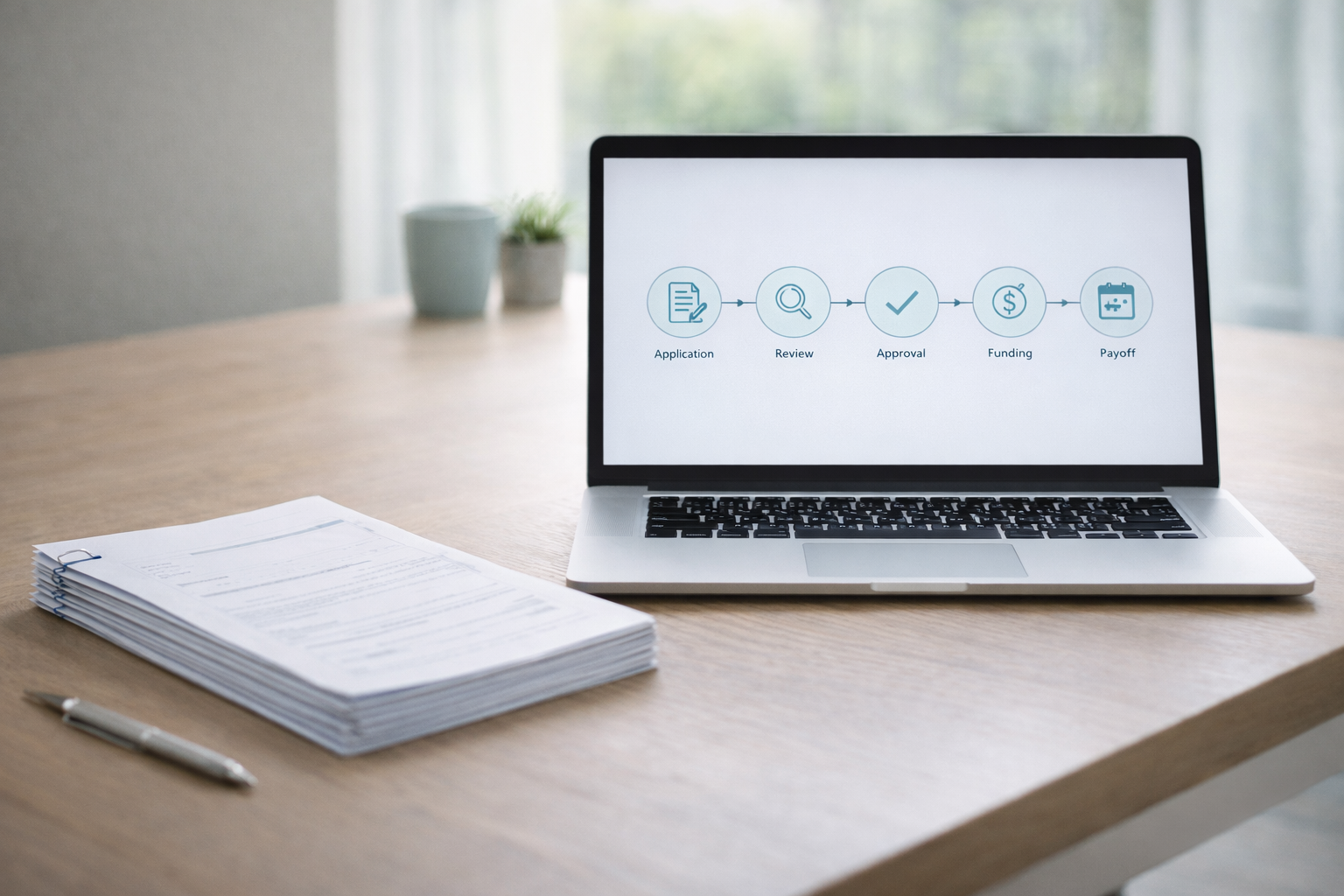 Modern workspace with process flow diagram