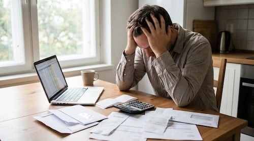 Man with brown hair sitting at a wooden table, stressed while reviewing bills and financial documents with a laptop and calculator nearby. For inflation, financial crisisand cost of living content