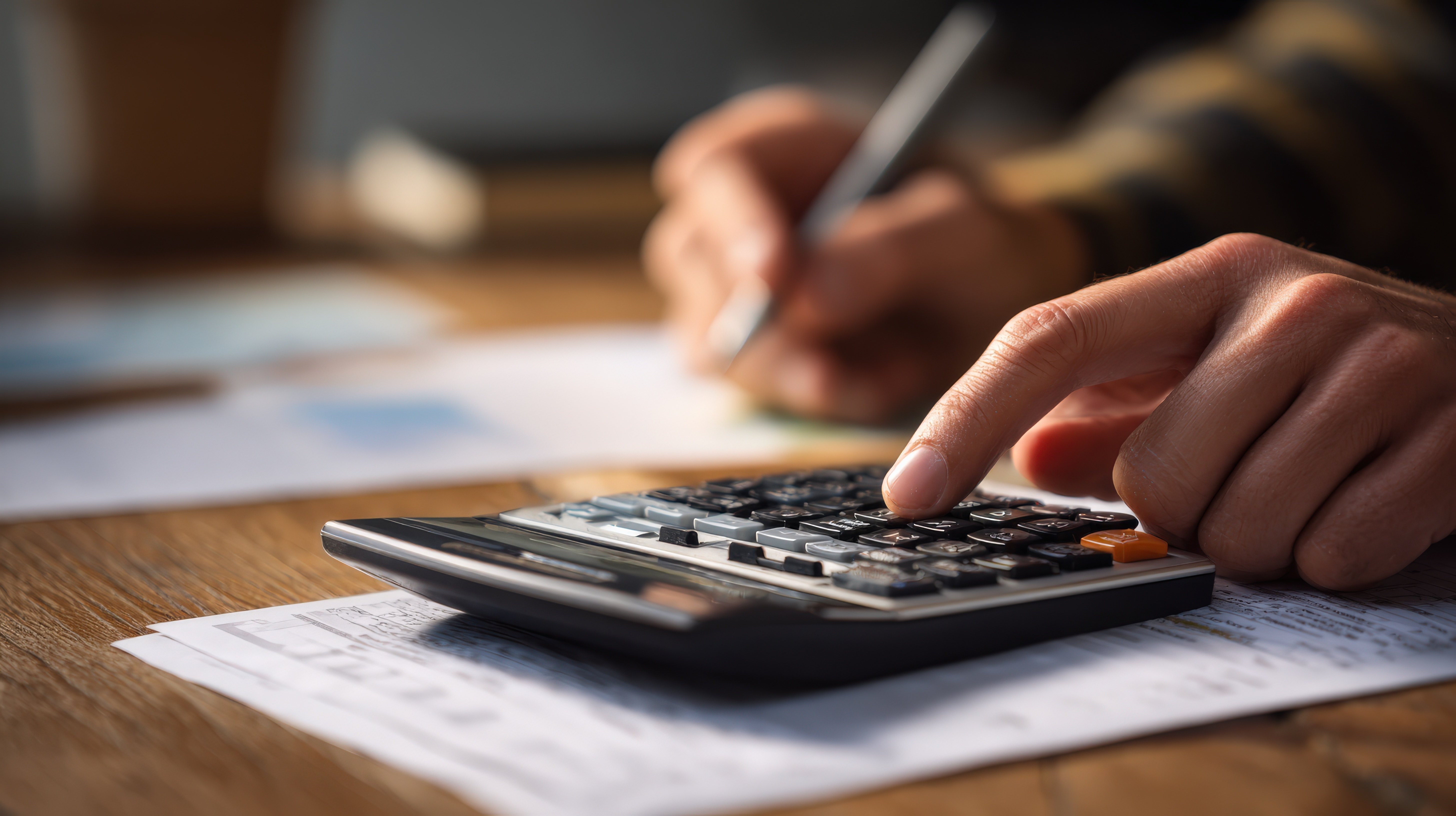 A person's hands meticulously working through financial documents, using a calculator and pen on a wooden desk