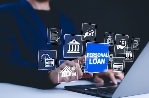 Personal loan and financial services concept. A person interacts with icons financial services, personal loans, interest rates, banking, and payment options.