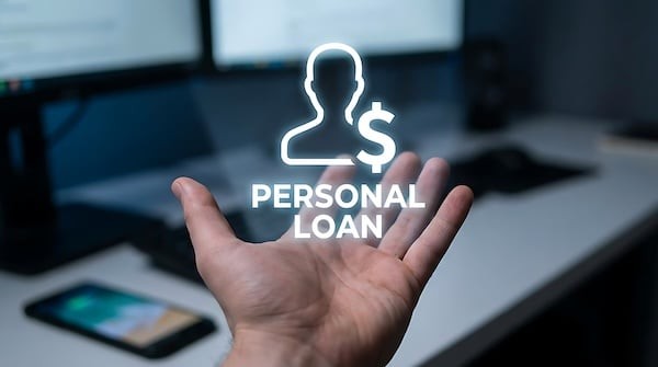 Hand holding holographic personal loan icon with dollar sign in modern office workspace
