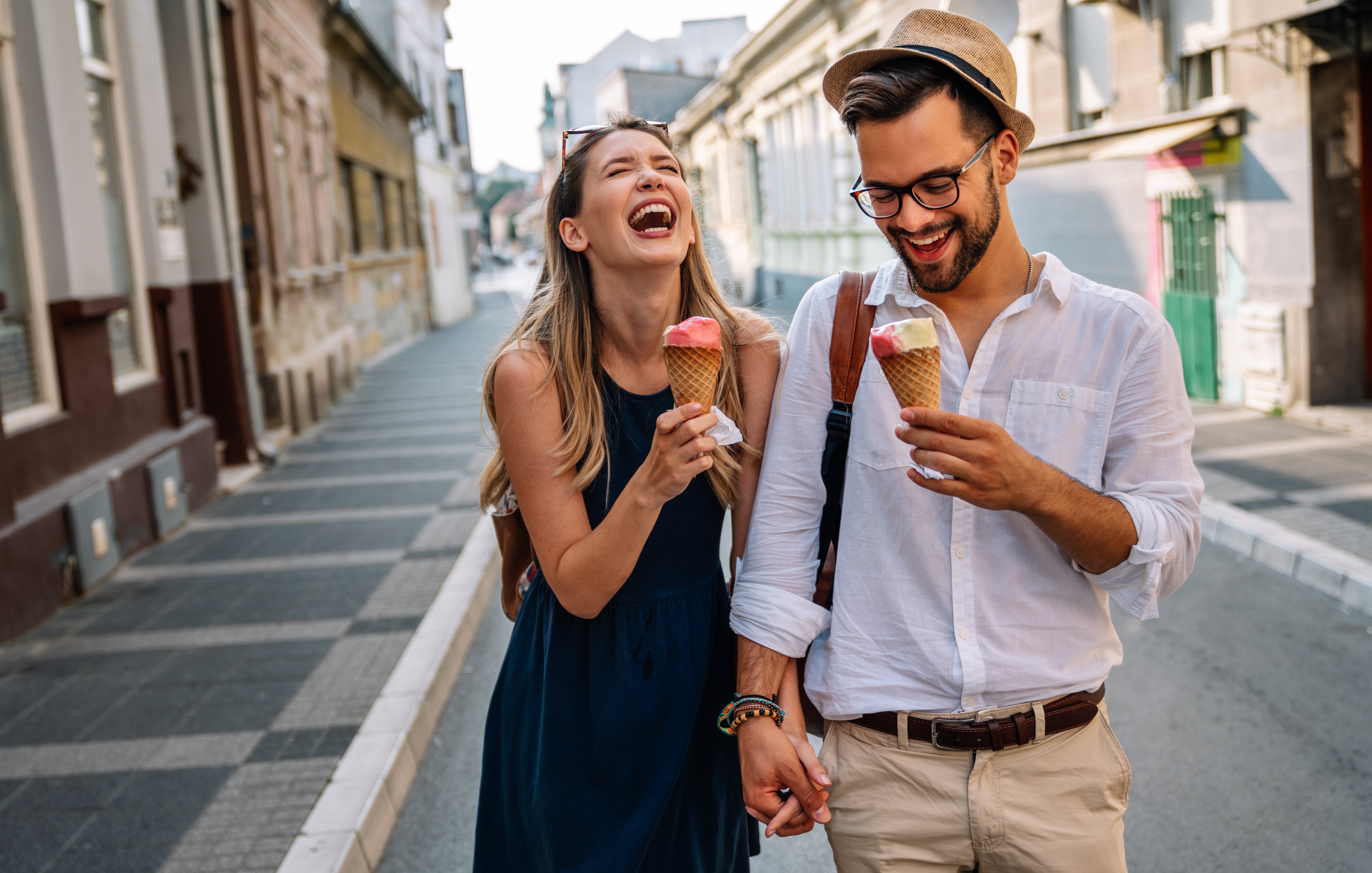 Portrait of happy couple having date and fun on vacation. People travel happiness concept.