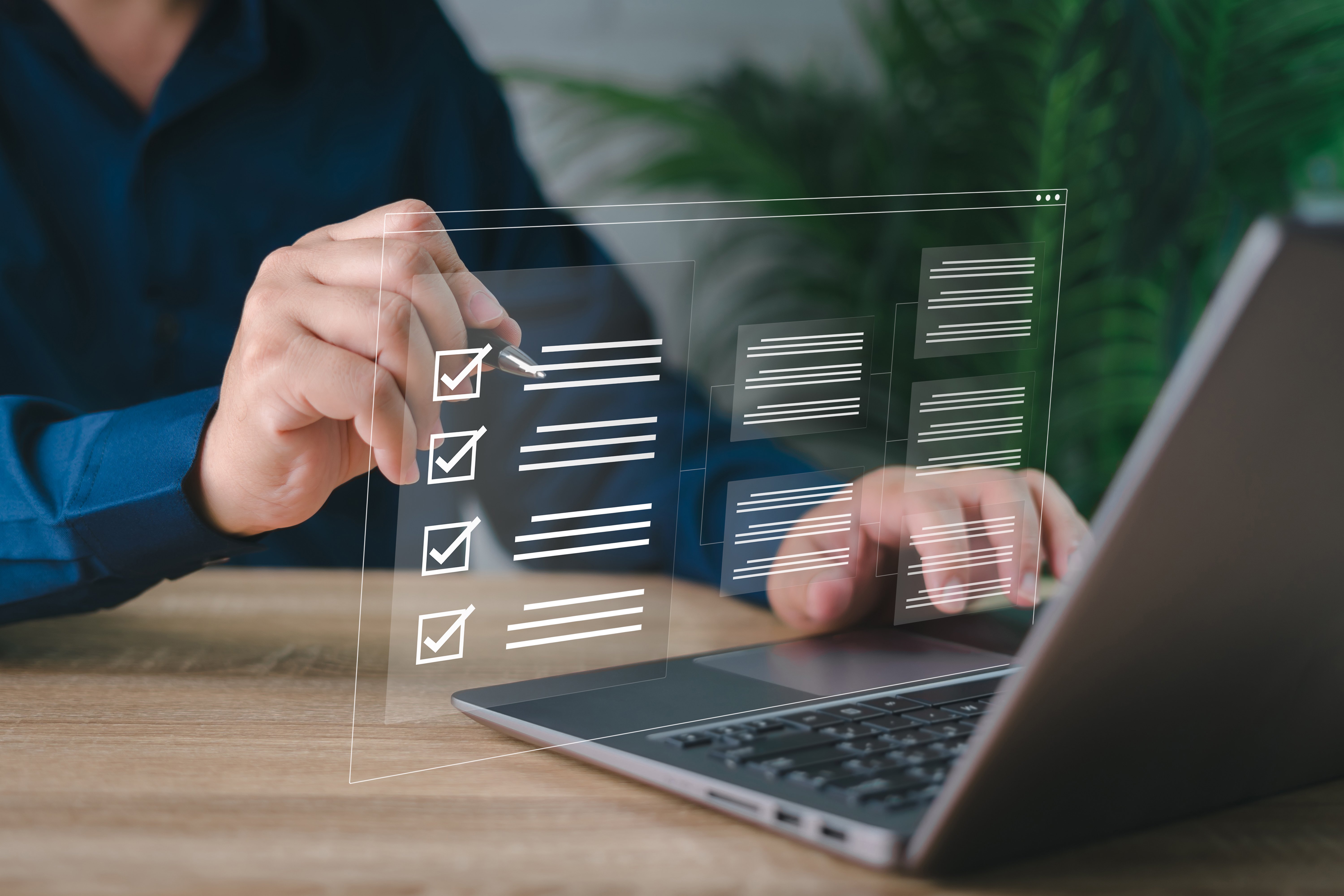 Electronic smart checklist and document on virtual screens concept, business people check electronic documents on digital documents, paperless offices,working on borderless communication technology
