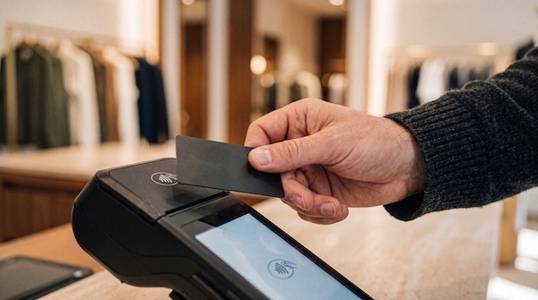 Customer's hand initiating a swift contactless payment with a black credit card at a modern POS terminal.