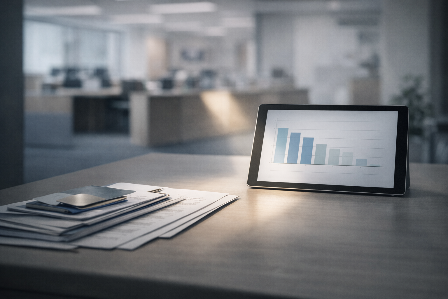 Financial office desk with tablet and documents