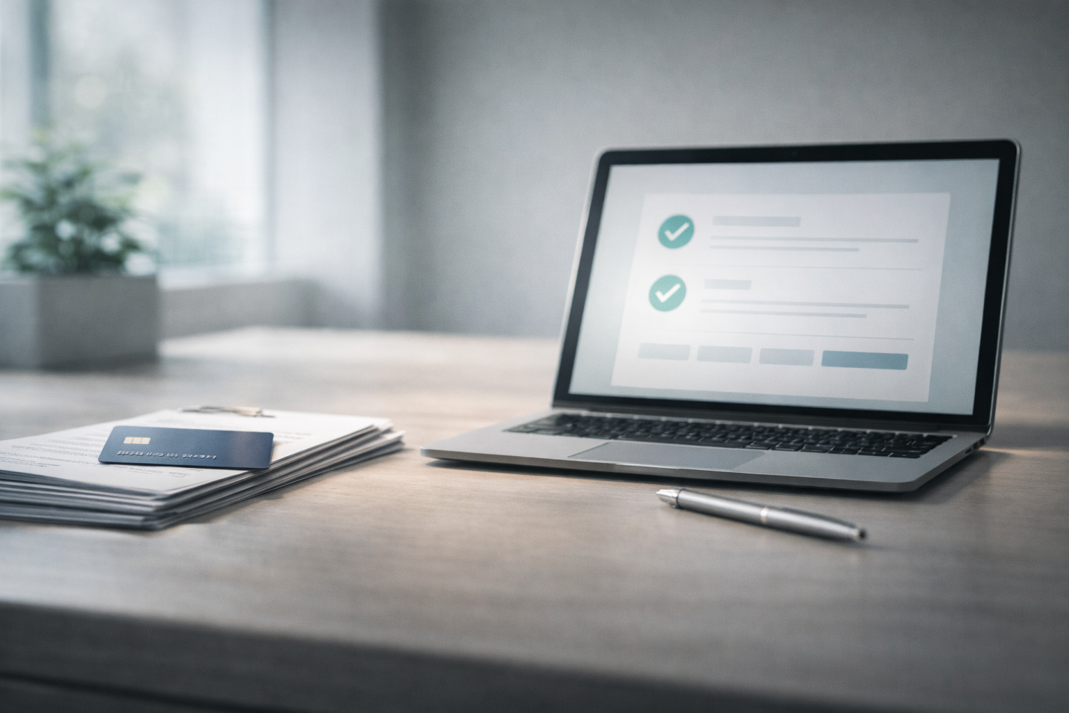 Minimalist workspace with credit card and laptop