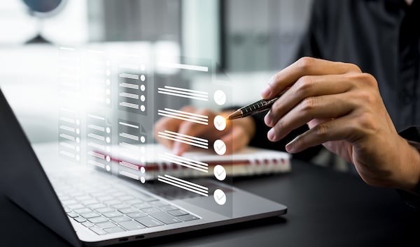 Businessman reviewed procedures and processes through a virtual online document with checkboxes, reviewing compliance with company policies, regulations, and terms and conditions.