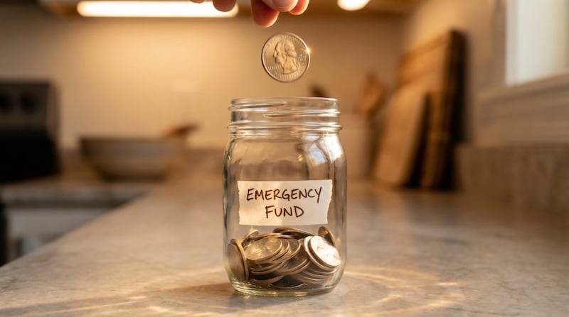 Human hand dropping coin into glass jar labeled emergency fund for financial planning and savings concept