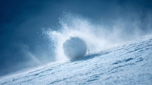 A giant snowball rolling down a steep and snowy mountain slope rapidly