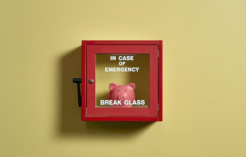 Red emergency box on wall with piggy bank, 