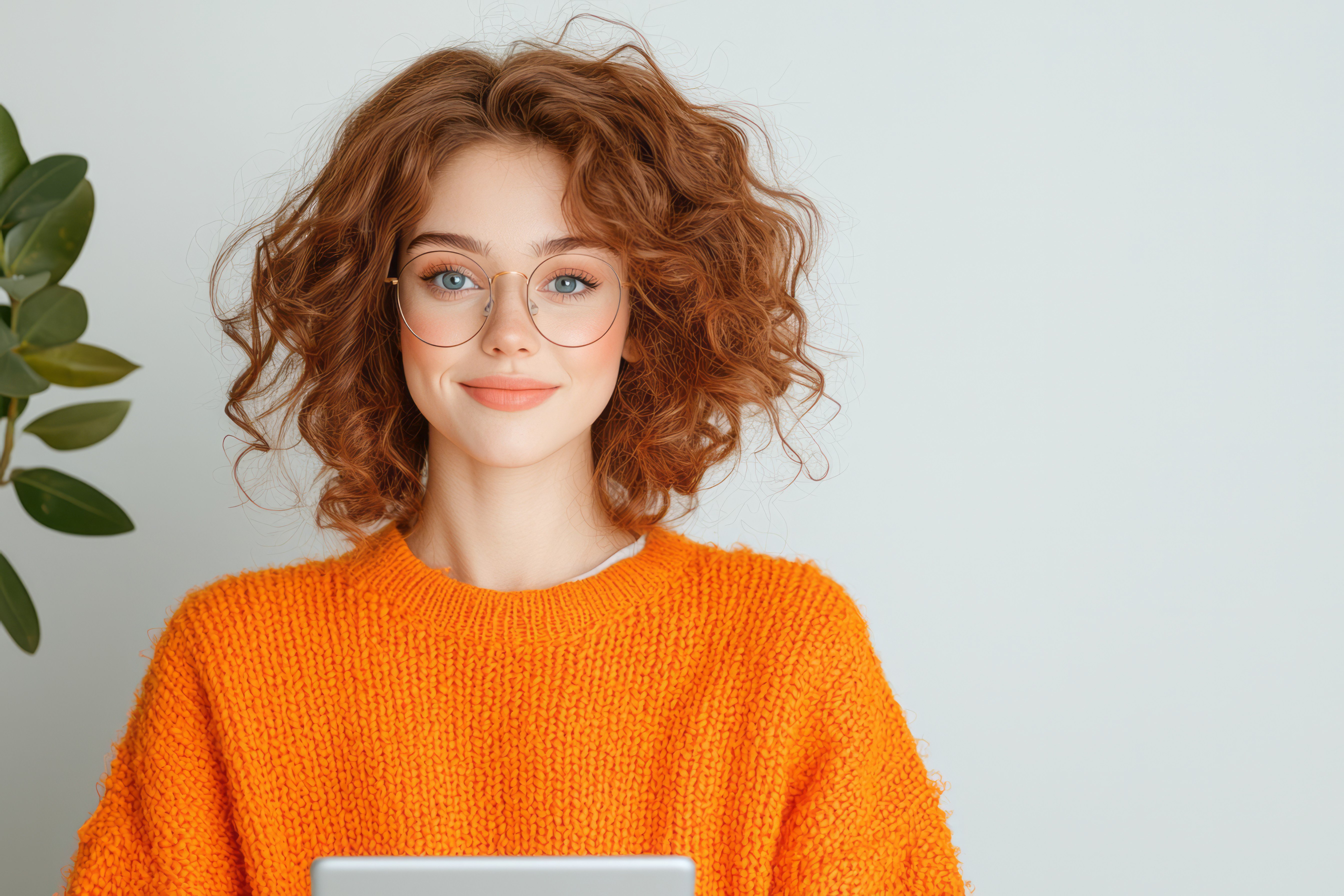 woman_wearing_glasses_with_red_curly_hair_wearing_orange_sweater_looking_straight_ahead_smiling_holding_tablet_grey_background