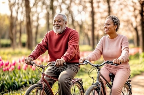 Couple on bike. Senior man and woman on bicycle. Happy spring old people. Black active senior couple in spring park, pink tulip flower. African american people, mature family on bike