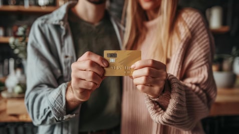 couple holding one bank credit card joint account Adobe stock photo