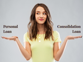 Woman standing with hands out, text over left hand says personal loan, text over right hand says consolidation loan